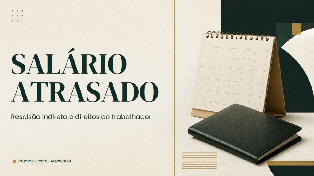 Capa sobre salário atrasado e rescisão indireta, com calendário e carteira de trabalho ilustrativos.